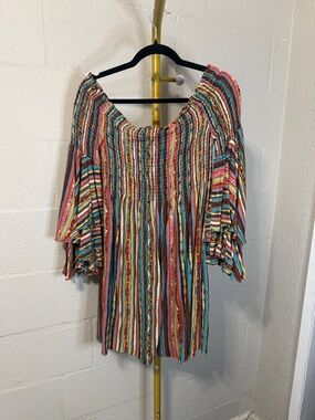 ILLA ILLA Multi-Stripe Off-Shoulder Mini Dress in Coral, Turquoise, Gold & Pink